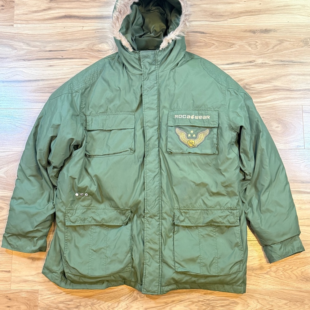 Rocawear 2XL Down Parka Jacket Real Fur Hood Green
